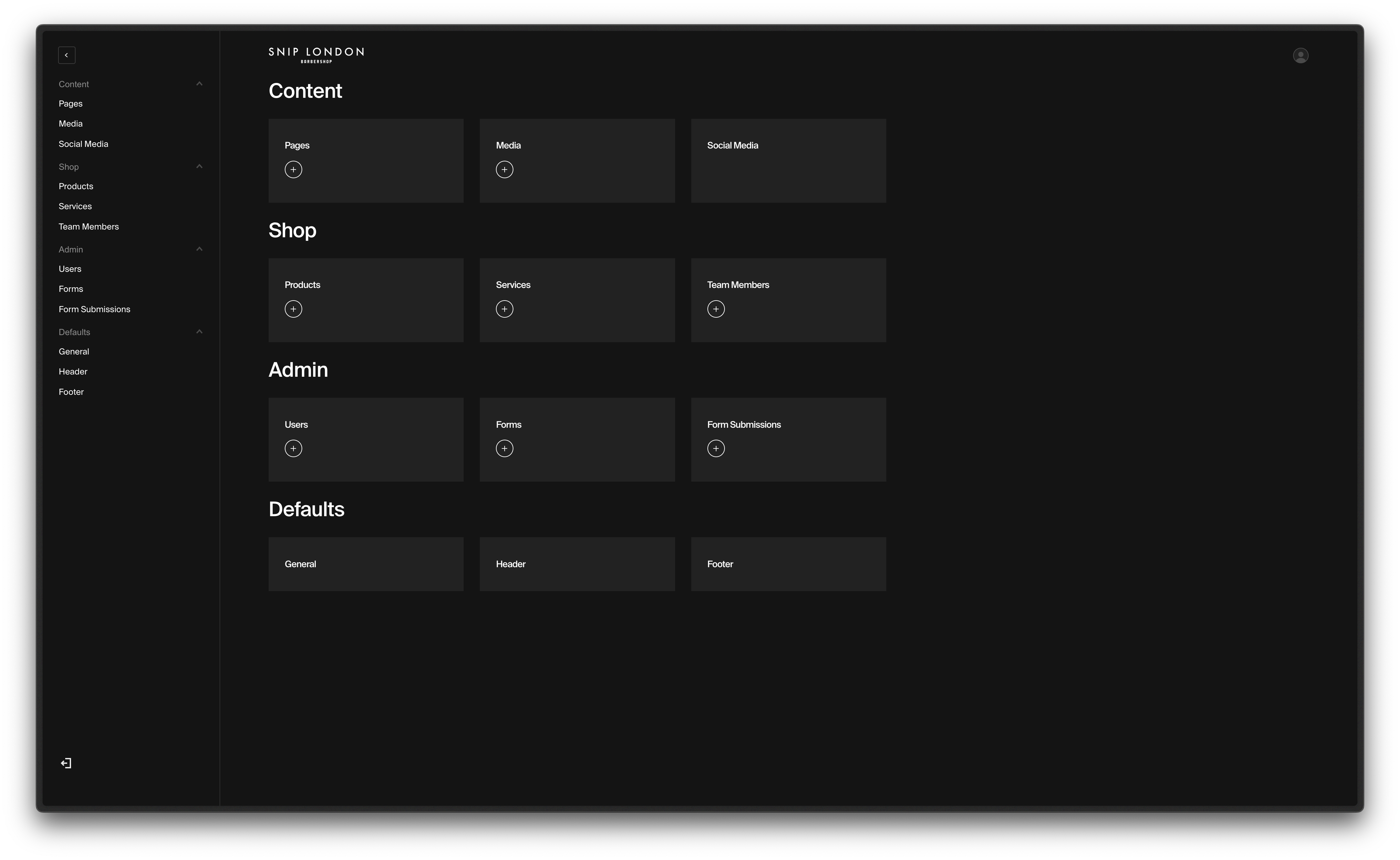 PayloadCMS Dashboard of SNIP LONDON